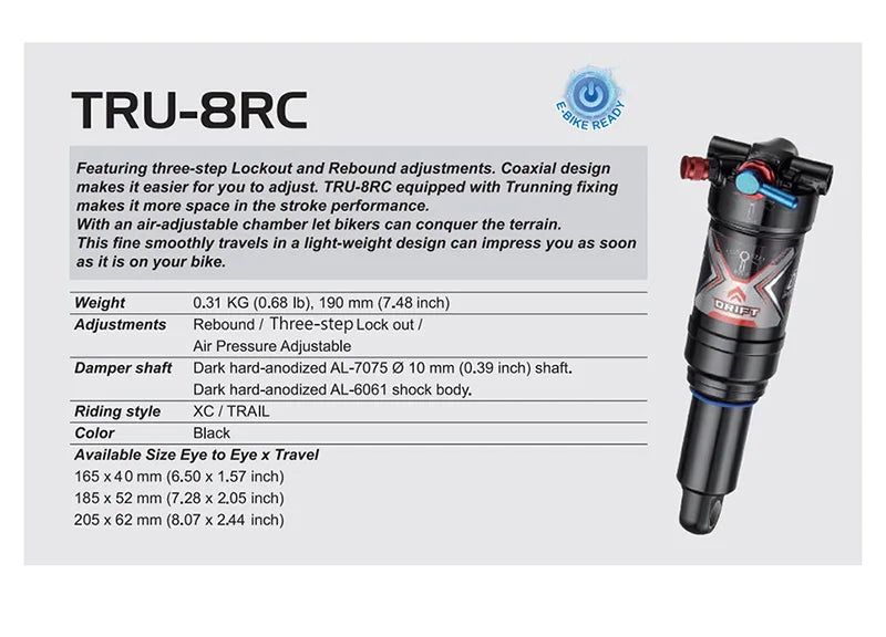 DNM TRU-8RC Rear Air Rear Shock 165/185/205mm Tail MTB Bike Suspension